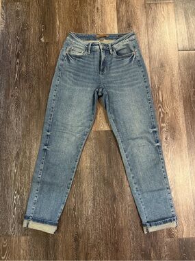 Judy Blue Light Blue Boyfriend Jeans with Rolled Cuffs and Side Panel
